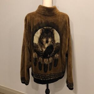 Outback Trading Company fleece jacket front zip pockets wolf eagle feather SZ XL